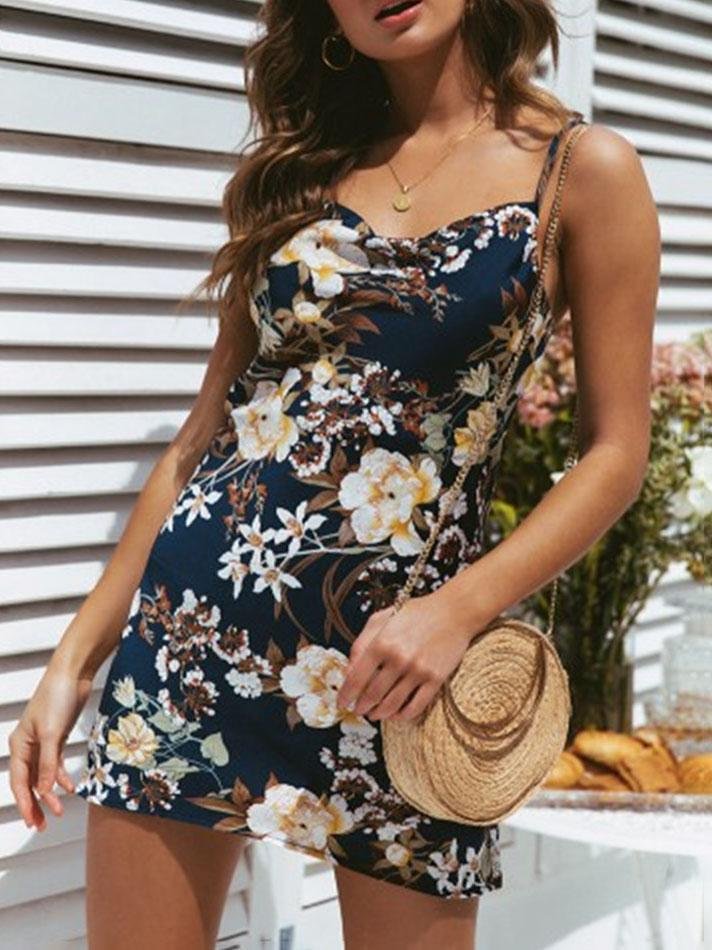 Summer Retro Printed V-neck Suspender Dress - Mini Dresses - INS | Online Fashion Free Shipping Clothing, Dresses, Tops, Shoes - 20-30 - 25/06/2021 - color-black