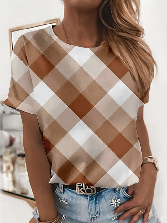 Summer Women's Lattice Printing Round Neck T-shirt - T-shirts - INS | Online Fashion Free Shipping Clothing, Dresses, Tops, Shoes - 10-20 - 13/07/2021 - color-brown
