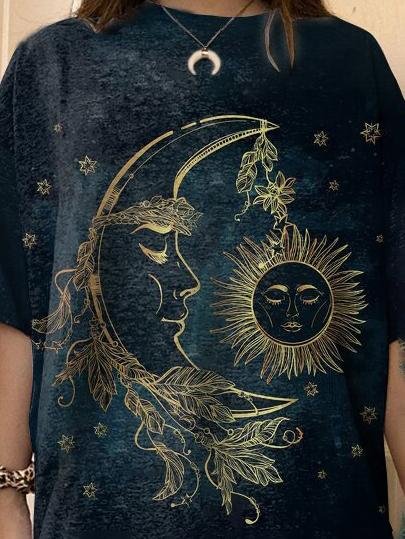 Sun & Moon Print Fashion Round Neck Women's T-shirt - MsDressly
