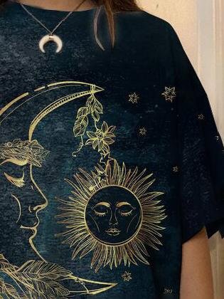 Sun & Moon Print Fashion Round Neck Women's T-shirt - MsDressly