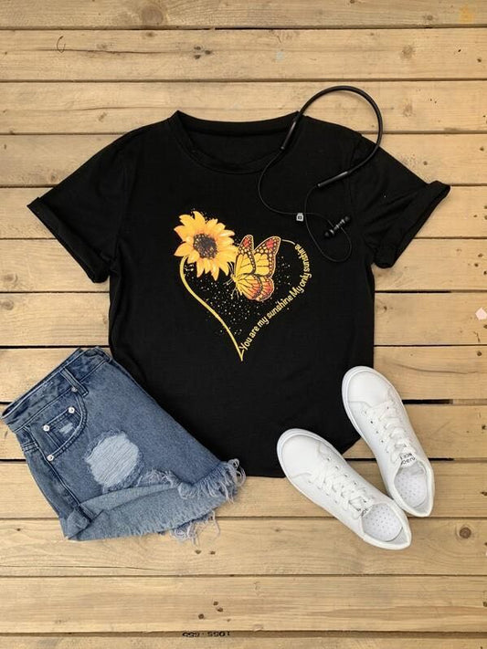 Sunflower & Butterfly Print Tee - INS | Online Fashion Free Shipping Clothing, Dresses, Tops, Shoes