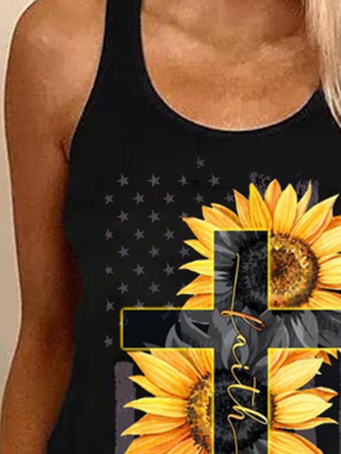 Tank Tops - Sunflower Cross Print Round Neck Sleeveless Tank Tops - MsDressly
