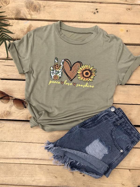 Sunflower & Letter Graphic Tee - INS | Online Fashion Free Shipping Clothing, Dresses, Tops, Shoes