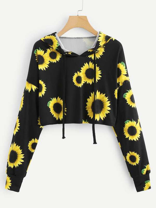 Sunflower Print Crop Hoodie - INS | Online Fashion Free Shipping Clothing, Dresses, Tops, Shoes