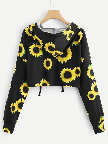 Sunflower Print Crop Hoodie - INS | Online Fashion Free Shipping Clothing, Dresses, Tops, Shoes