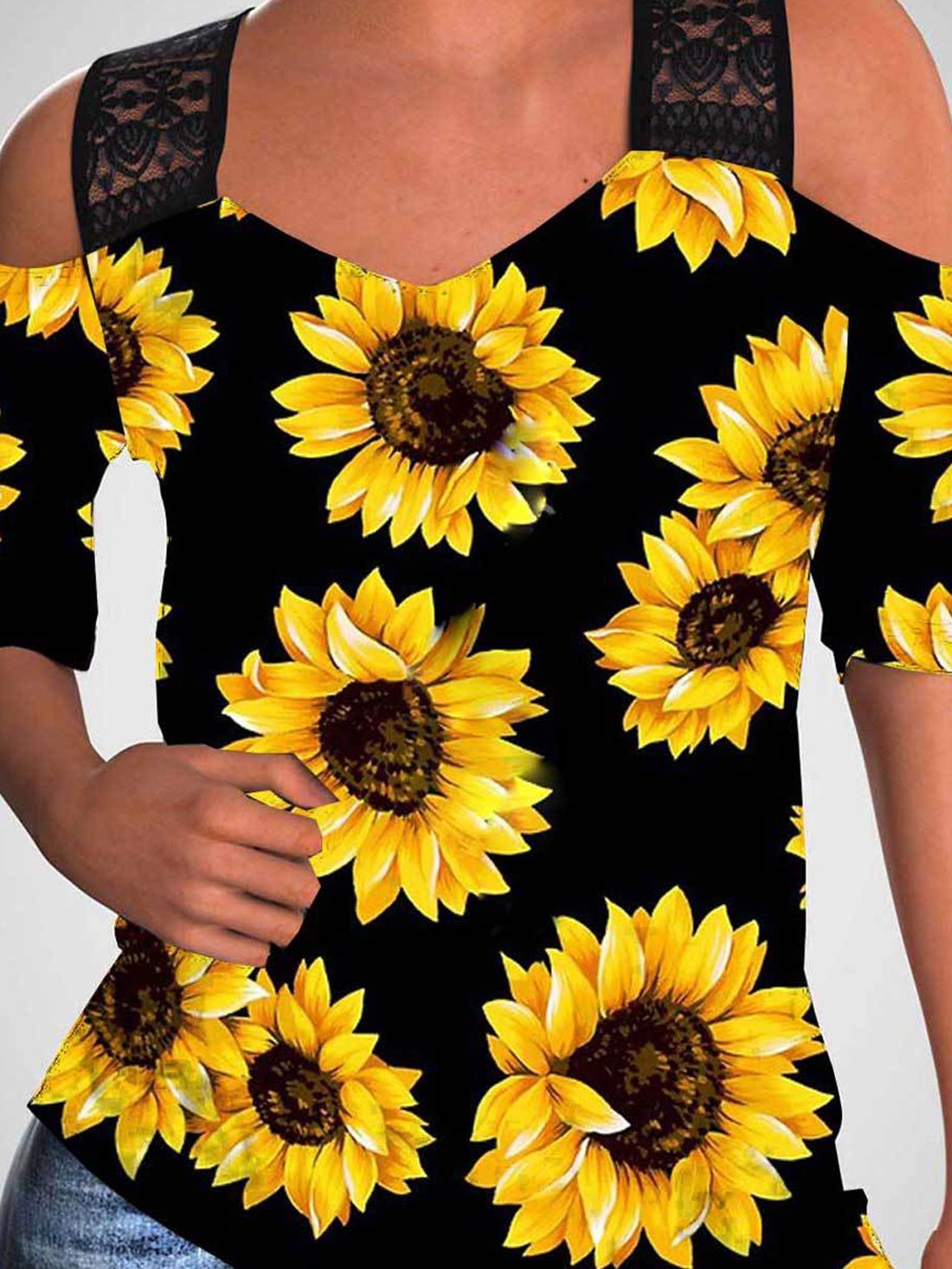 Sunflower Print Off-the-shoulder Cutout T-shirt - T-shirts - INS | Online Fashion Free Shipping Clothing, Dresses, Tops, Shoes - 24/05/2021 - Color_Leopard - Color_Sunflower