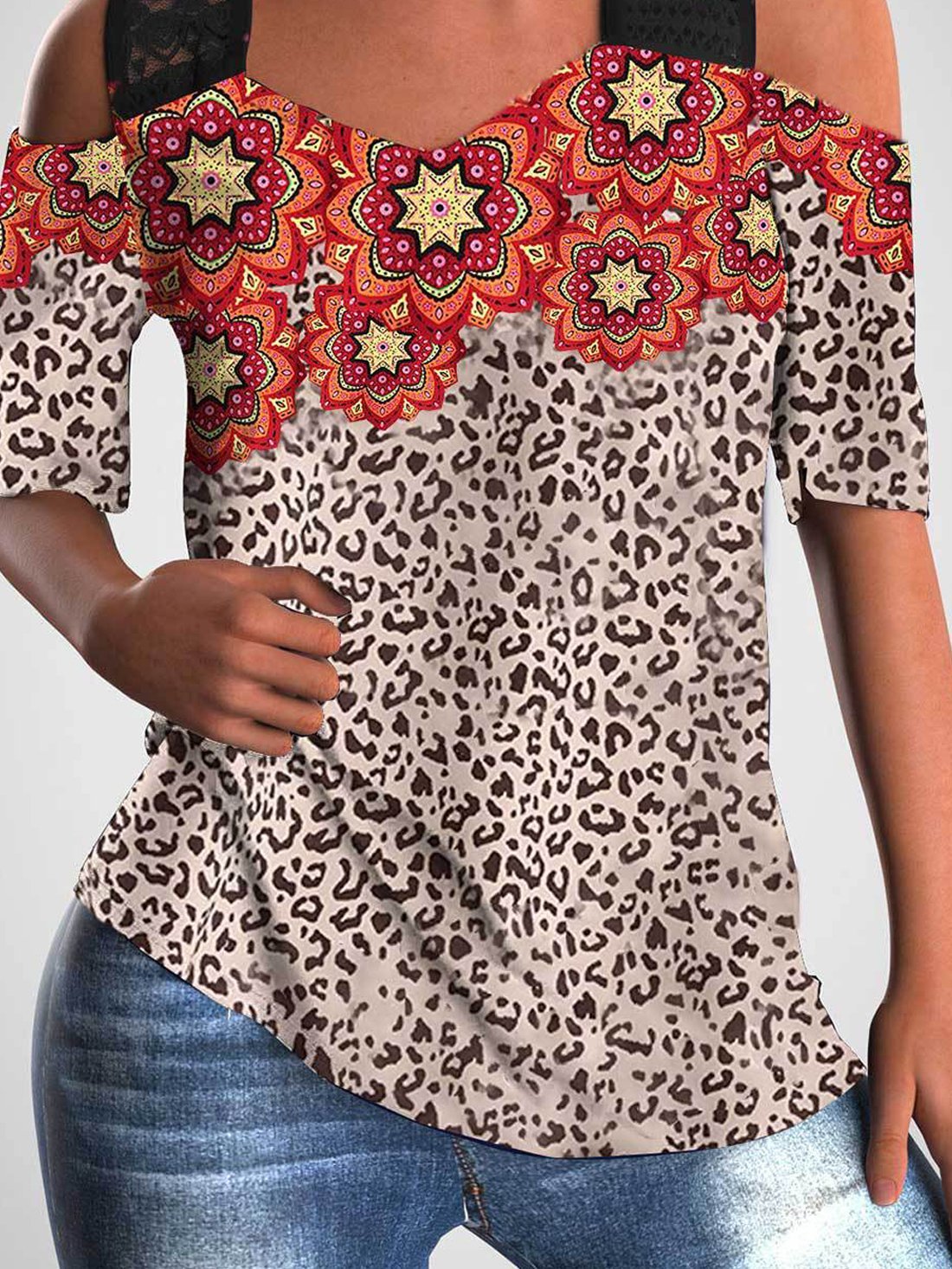 Sunflower Print Off-the-shoulder Cutout T-shirt - T-shirts - INS | Online Fashion Free Shipping Clothing, Dresses, Tops, Shoes - 24/05/2021 - Color_Leopard - Color_Sunflower
