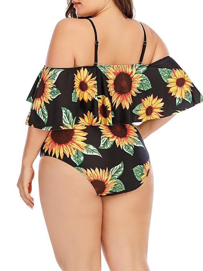 Sunflower Print Plus Size Strappy Swimsuit - Plus Swimsuits - INS | Online Fashion Free Shipping Clothing, Dresses, Tops, Shoes - 22/04/2021 - 2204V3 - Color_Black