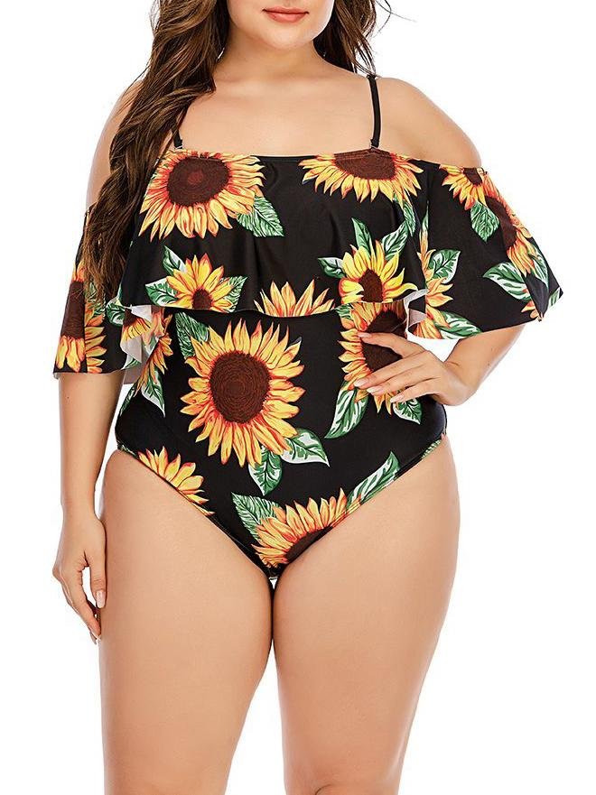 Sunflower Print Plus Size Strappy Swimsuit - Plus Swimsuits - INS | Online Fashion Free Shipping Clothing, Dresses, Tops, Shoes - 22/04/2021 - 2204V3 - Color_Black