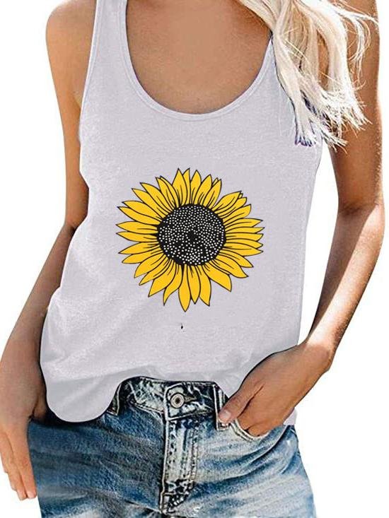 Sunflower Print Round Neck Pullover Sleeveless Vest - Tank Tops - INS | Online Fashion Free Shipping Clothing, Dresses, Tops, Shoes - 02/06/2021 - Color_Gray - Color_Red