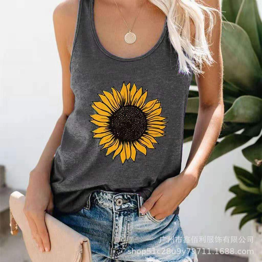 Sunflower Print Round Neck Pullover Sleeveless Vest - Tank Tops - INS | Online Fashion Free Shipping Clothing, Dresses, Tops, Shoes - 02/06/2021 - Color_Gray - Color_Red