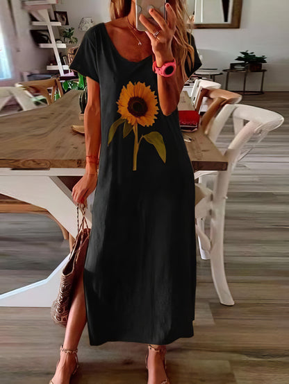 Sunflower Print Short-sleeved Slit Dress