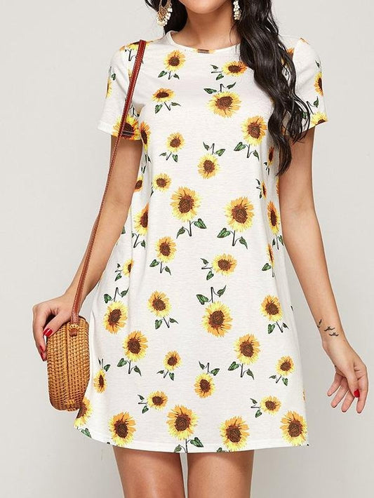 Sunflower Print Tee Dress - Dresses - INS | Online Fashion Free Shipping Clothing, Dresses, Tops, Shoes - 01/30/2021 - Beach - Casual Dresses