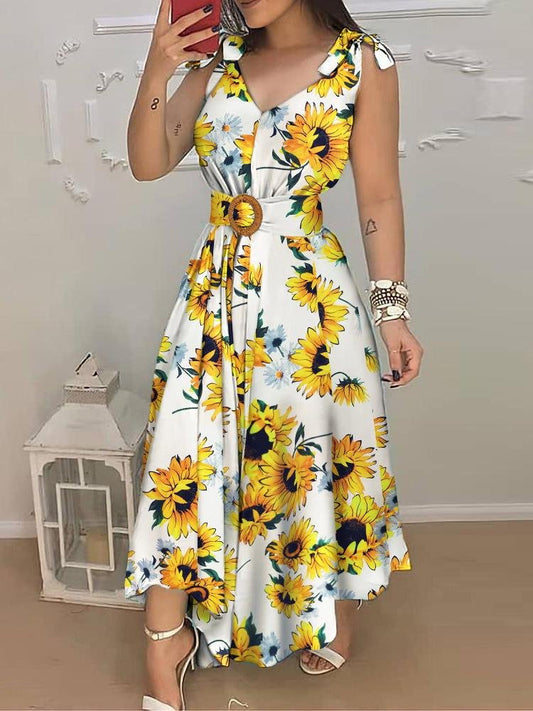 Sunflower Print Tied Detail Sleeveless Maxi Dress - Maxi Dresses - INS | Online Fashion Free Shipping Clothing, Dresses, Tops, Shoes - 28/04/2021 - Color_White - DRE210428102