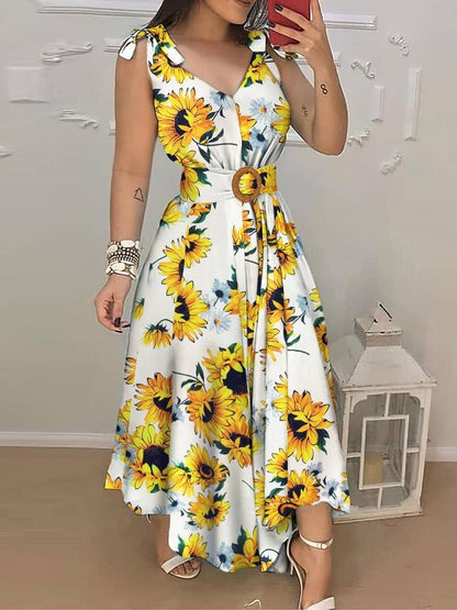 Sunflower Print Tied Detail Sleeveless Maxi Dress - Maxi Dresses - INS | Online Fashion Free Shipping Clothing, Dresses, Tops, Shoes - 28/04/2021 - Color_White - DRE210428102