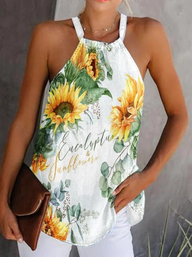 Sunflower Printed Round Neck Tank Top - Tank Tops - INS | Online Fashion Free Shipping Clothing, Dresses, Tops, Shoes - 10-20 - 16/06/2021 - color-yellow