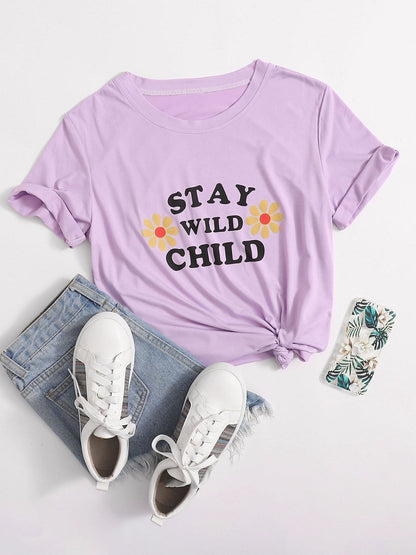 Sunflower & Slogan Short Sleeve Tee - INS | Online Fashion Free Shipping Clothing, Dresses, Tops, Shoes