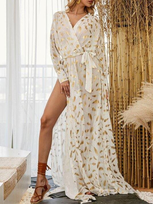 Surplice Neck Belted Split Thigh Gold Feather Print Dress - Dresses - INS | Online Fashion Free Shipping Clothing, Dresses, Tops, Shoes - 01/27/2021 - Beach - Black