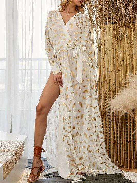 Surplice Neck Belted Split Thigh Gold Feather Print Dress - Dresses - INS | Online Fashion Free Shipping Clothing, Dresses, Tops, Shoes - 01/27/2021 - Beach - Black