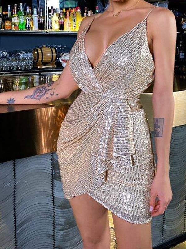 Surplice Neck Draped Asymmetrical Hem Sequin Cami Dress - Dresses - INS | Online Fashion Free Shipping Clothing, Dresses, Tops, Shoes - 01/30/2021 - Apricot - Blue