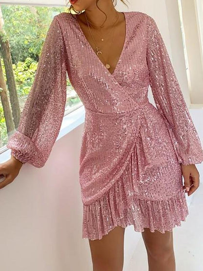 Surplice Neck Lantern Sleeve Ruffle Hem Sequin Dress - Mini Dresses - INS | Online Fashion Free Shipping Clothing, Dresses, Tops, Shoes - 02/05/2021 - Color_Pink - Dresses