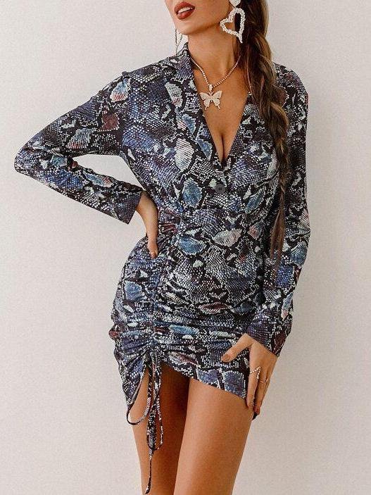 Surplice Neck Ruched Drawstring Knot Snakeskin Dress - Dresses - INS | Online Fashion Free Shipping Clothing, Dresses, Tops, Shoes - 01/29/2021 - Black - Color_Black