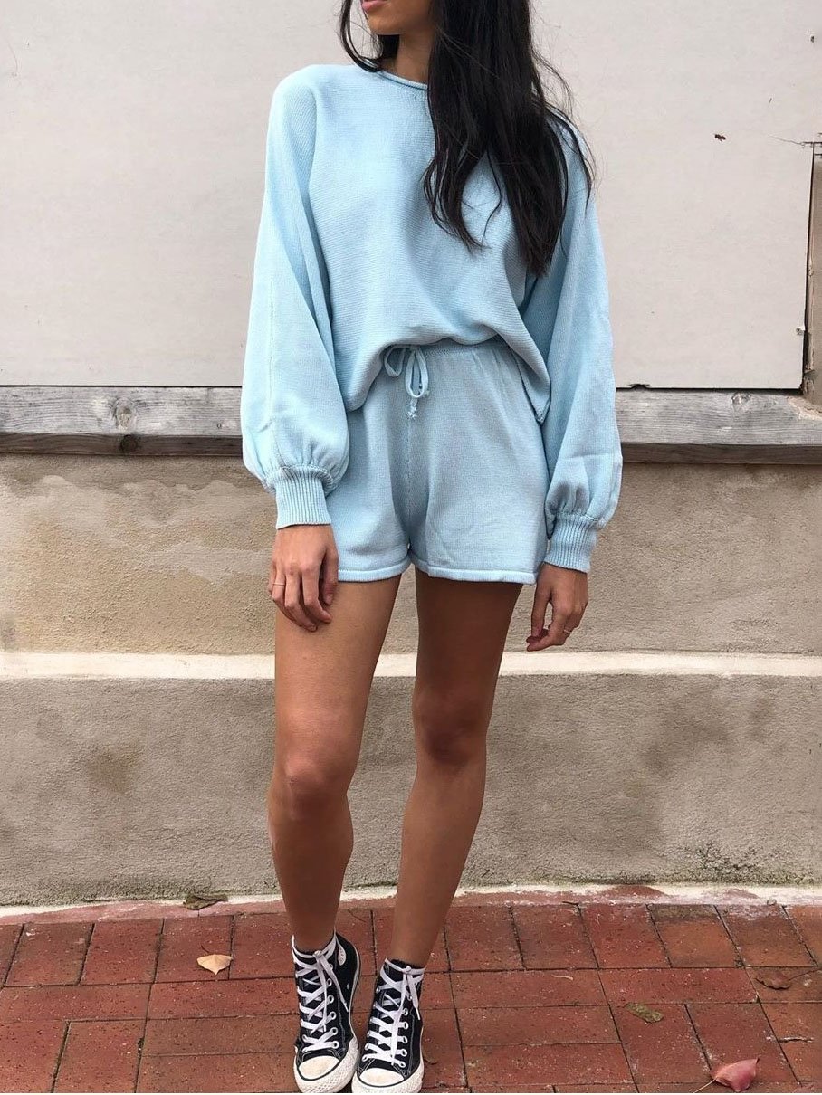 Sweater Puff Sleeve Top & Shorts Two-piece Set - Sets - INS | Online Fashion Free Shipping Clothing, Dresses, Tops, Shoes - 28/06/2021 - 40-50 - Bottoms