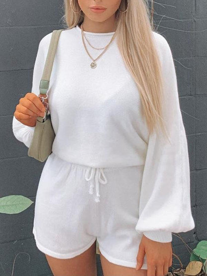 Sweater Puff Sleeve Top & Shorts Two-piece Set - Sets - INS | Online Fashion Free Shipping Clothing, Dresses, Tops, Shoes - 28/06/2021 - 40-50 - Bottoms