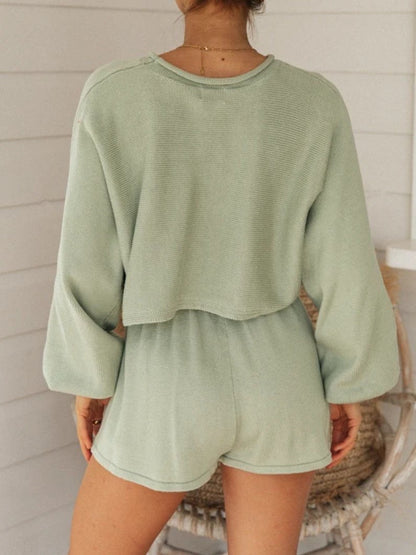 Sweater Puff Sleeve Top & Shorts Two-piece Set - Sets - INS | Online Fashion Free Shipping Clothing, Dresses, Tops, Shoes - 28/06/2021 - 40-50 - Bottoms