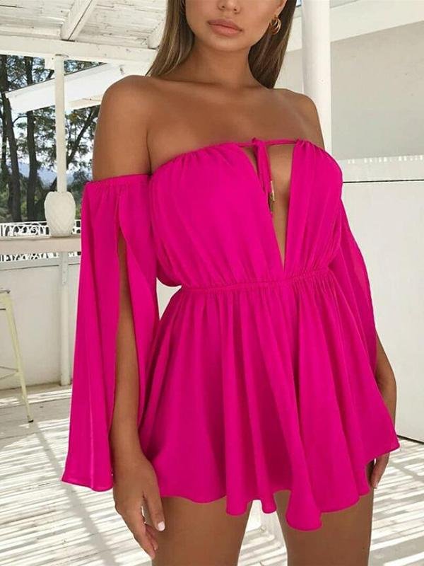 Sweet Off Shoulder Deep V Mini Dress - Mini Dresses - INS | Online Fashion Free Shipping Clothing, Dresses, Tops, Shoes - 05/17/2021 - Category_Mini Dresses - Color_Rose Red