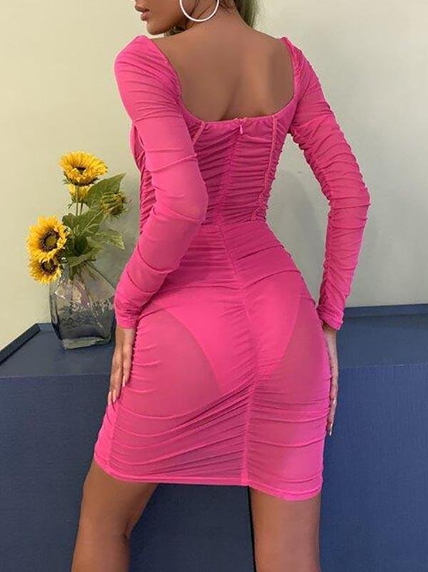 Sweetheart Neck Ruched Mesh Dress - Dresses - INS | Online Fashion Free Shipping Clothing, Dresses, Tops, Shoes - 02/03/2021 - Bodycon Dresses - Color_Pink