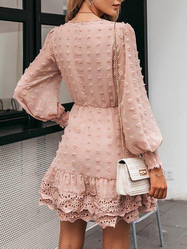Swiss Dot Bishop Sleeve Guipure Lace Trim Dress - Dresses - INS | Online Fashion Free Shipping Clothing, Dresses, Tops, Shoes - 02/05/2021 - Autumn - Color_Pink
