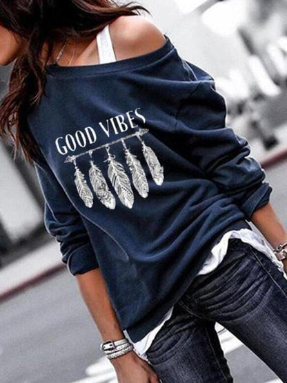 T-shirt Feather Hand-printed Sweater T-shirt - MsDressly