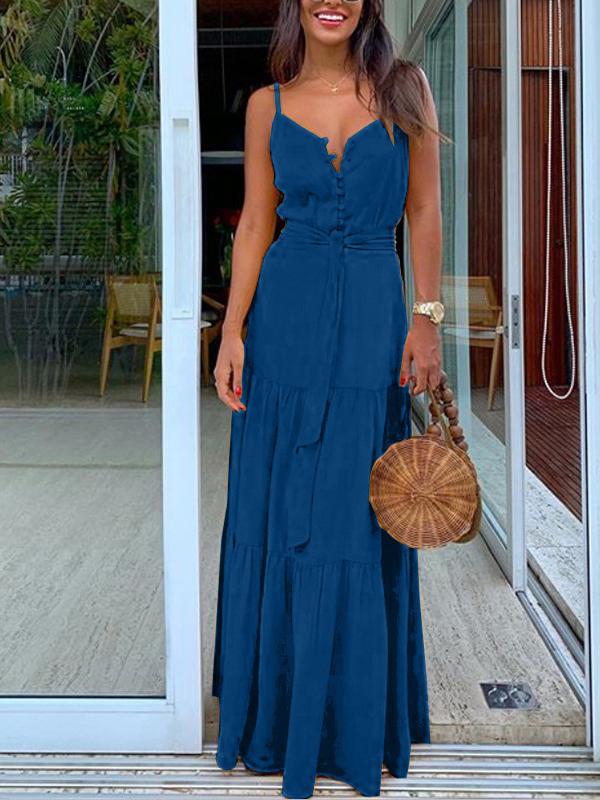 Temperament Button V-Neck Sleeveless Sling Dress - Maxi Dresses - INS | Online Fashion Free Shipping Clothing, Dresses, Tops, Shoes - 01/07/2021 - 30-40 - Category_Maxi Dresses