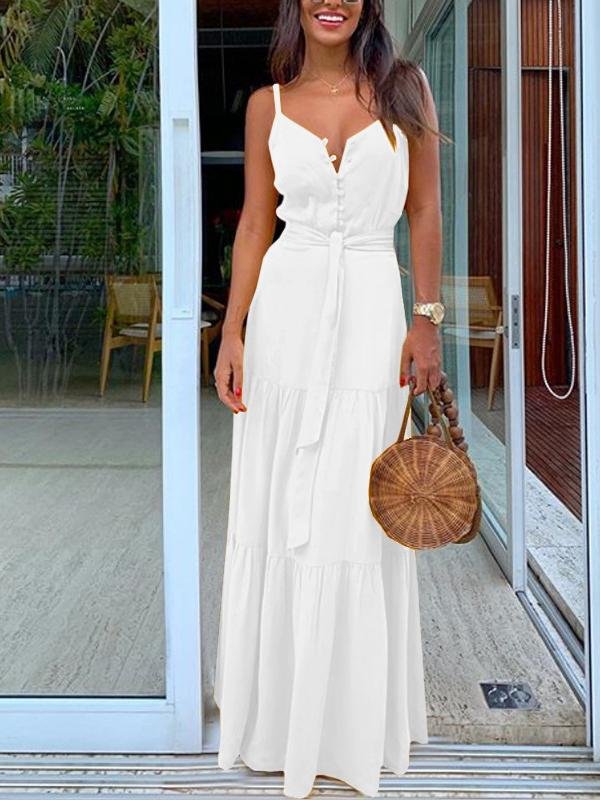 Temperament Button V-Neck Sleeveless Sling Dress - Maxi Dresses - INS | Online Fashion Free Shipping Clothing, Dresses, Tops, Shoes - 01/07/2021 - 30-40 - Category_Maxi Dresses