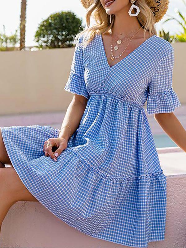 Tie Back Ruffle Trim Gingham Dress