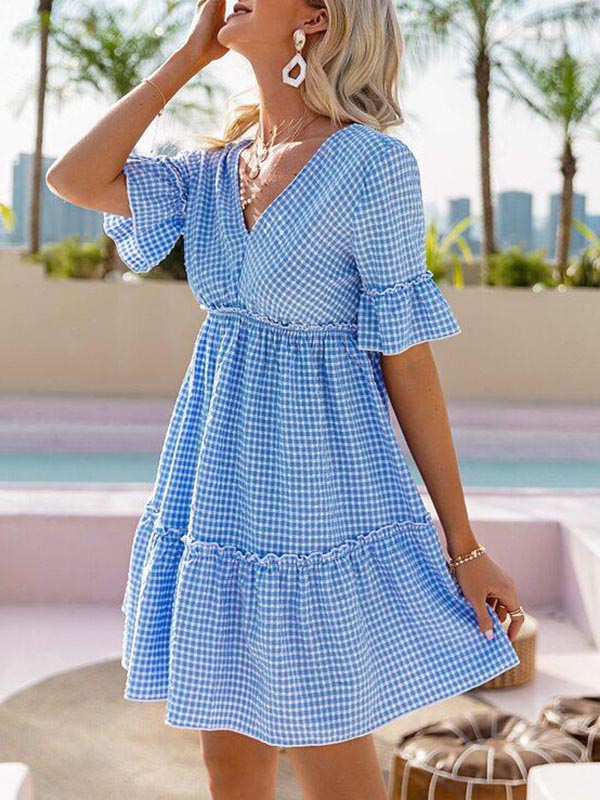 Tie Back Ruffle Trim Gingham Dress