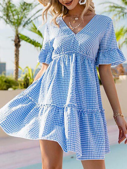 Tie Back Ruffle Trim Gingham Dress