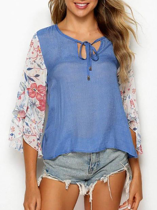 Tie Collar Floral Panel Chambray Blouse