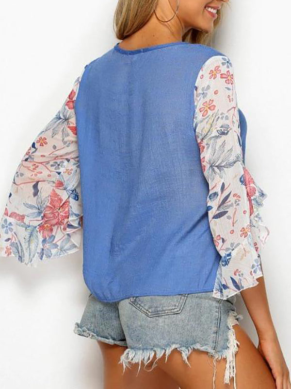 Tie Collar Floral Panel Chambray Blouse