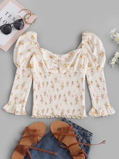 Tie Collar Smocked Ditsy Floral Milkmaid Blouse - INS | Online Fashion Free Shipping Clothing, Dresses, Tops, Shoes