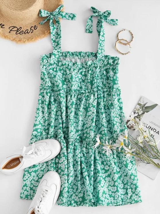 Tie Ditsy Print Tiered Trapeze Sundress - INS | Online Fashion Free Shipping Clothing, Dresses, Tops, Shoes