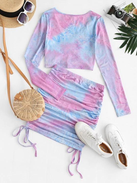 Tie Dye Cinched Surplice Mini Skirt Set - INS | Online Fashion Free Shipping Clothing, Dresses, Tops, Shoes