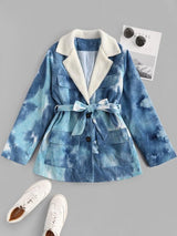 Tie Dye Faux Shearling Collar Belted Corduroy Jacket - INS | Online Fashion Free Shipping Clothing, Dresses, Tops, Shoes