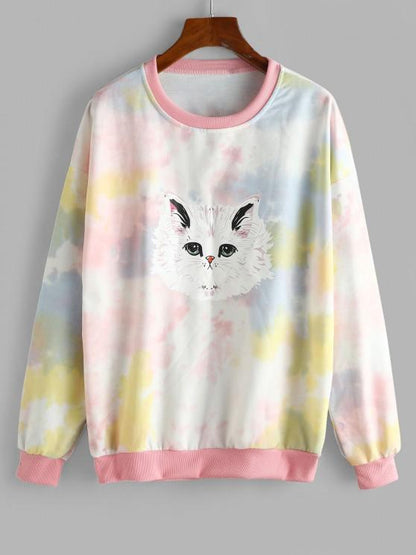 Tie Dye Funny Cat Oversized Drop Shoulder Sweatshirt - INS | Online Fashion Free Shipping Clothing, Dresses, Tops, Shoes