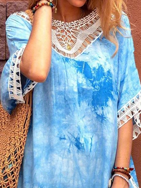 Tie-dye Lace Round Neck Casual Dress - Mini Dresses - INS | Online Fashion Free Shipping Clothing, Dresses, Tops, Shoes - 07/06/2021 - Category_Mini Dresses - Color_Blue