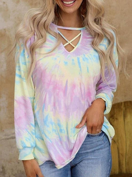 Tie-dye Long-sleeved Loose Casual T-shirt - T-shirts - INS | Online Fashion Free Shipping Clothing, Dresses, Tops, Shoes - 19/06/2021 - 20-30 - color-light-purple