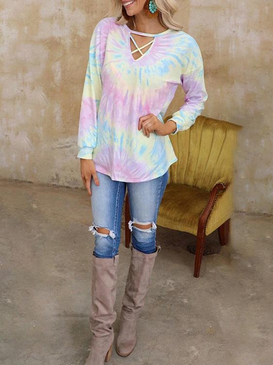 Tie-dye Long-sleeved Loose Casual T-shirt - T-shirts - INS | Online Fashion Free Shipping Clothing, Dresses, Tops, Shoes - 19/06/2021 - 20-30 - color-light-purple