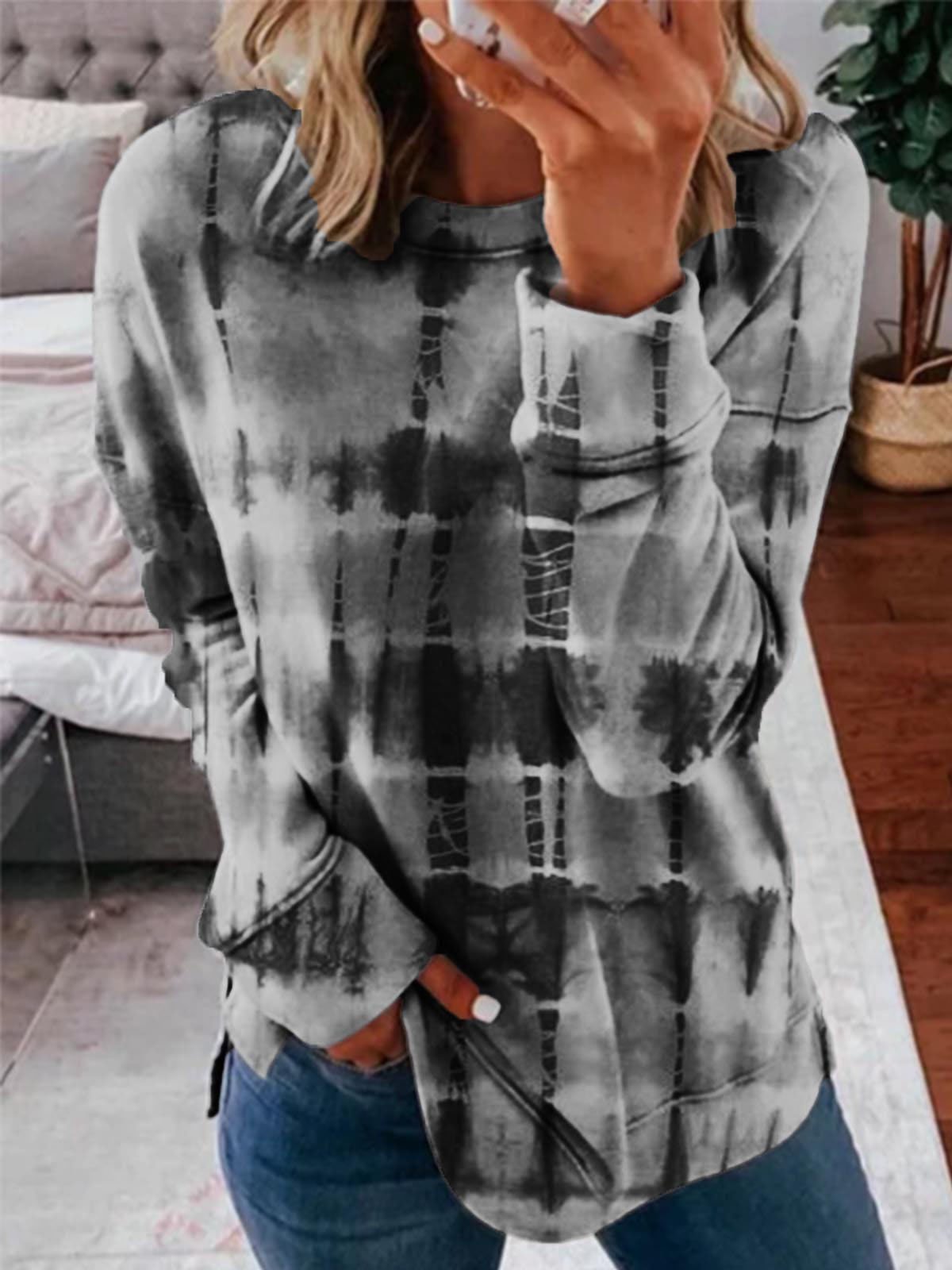 Tie-dye Long-sleeved Loose Striped T-shirt - T-shirts - INS | Online Fashion Free Shipping Clothing, Dresses, Tops, Shoes - 20-30 - 21/07/2021 - color-gray