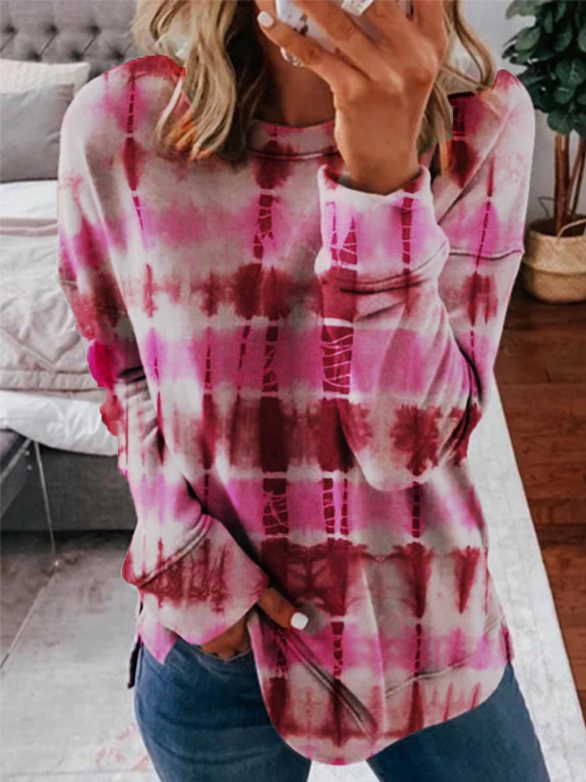 Tie-dye Long-sleeved Loose Striped T-shirt - T-shirts - INS | Online Fashion Free Shipping Clothing, Dresses, Tops, Shoes - 20-30 - 21/07/2021 - color-gray